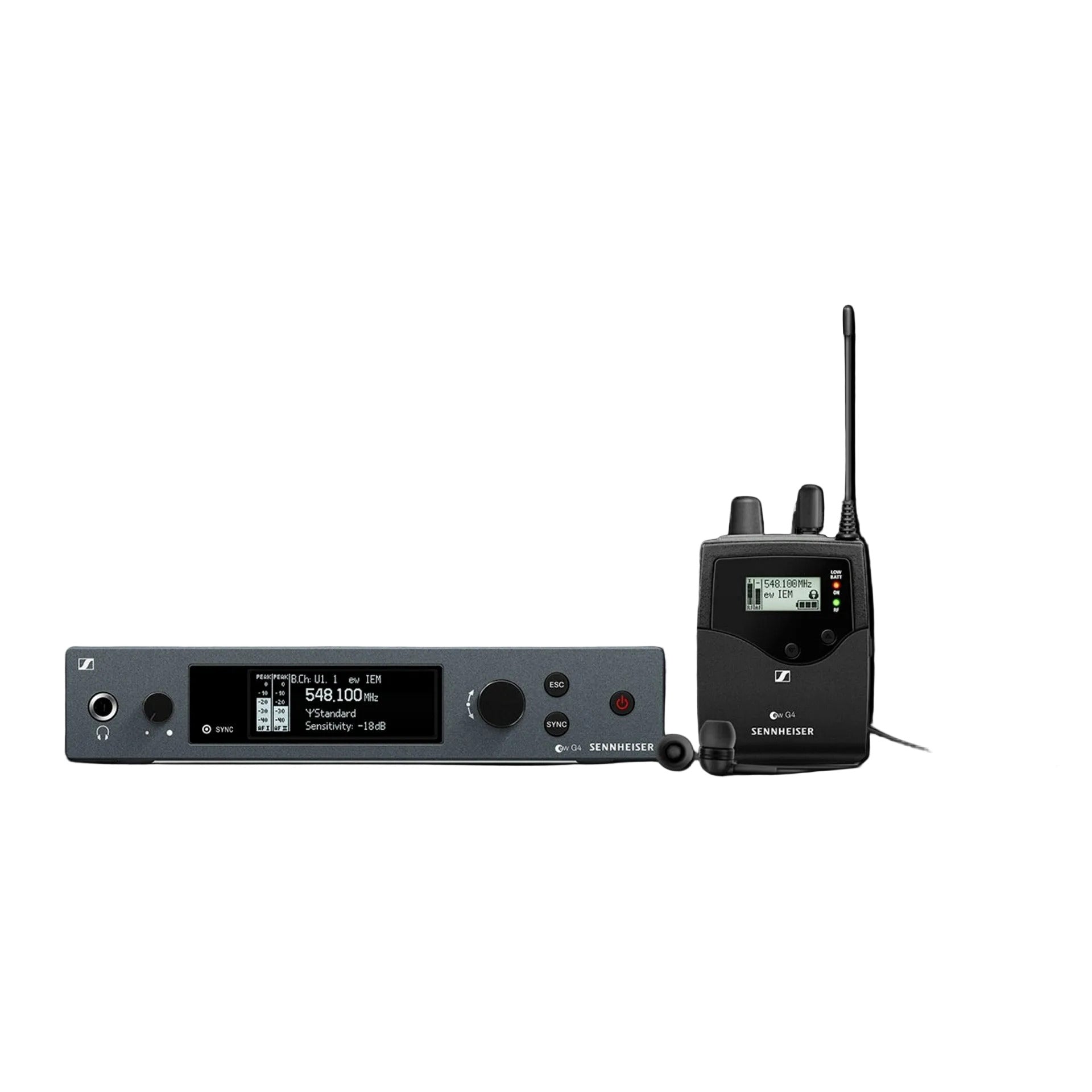 Senniser wireless IEM earpiece system with mains powered transmitter and a wireless beltpack part 509908
